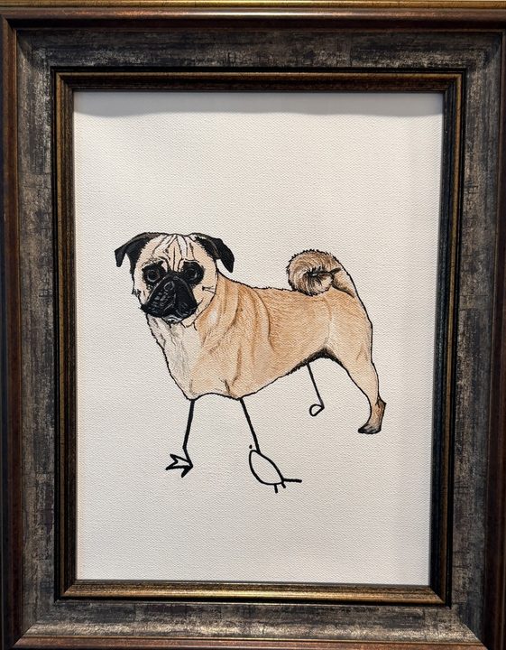 Framed hand-painted portrait of Belle the pug