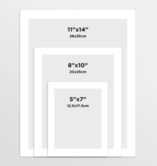Print size comparison — 5×7 in (12.5×17.5 cm), 8×10 in (20×25 cm), 11×14 in (28×35 cm)